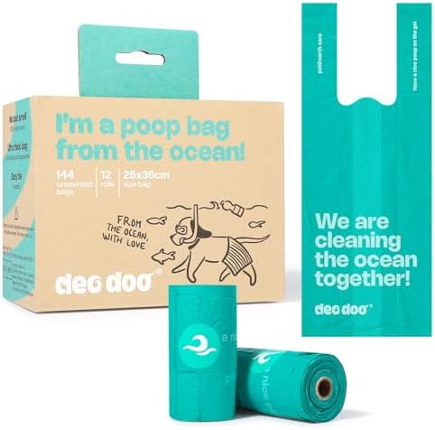 Deo Doo Dog Poop Bags with Handles 144 Bags, Ocean-Recycled, Unscented