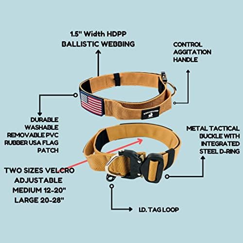 Tactical Dog Collar with Handle - 1.5 Inch Thick Heavy Duty Nylon, Military Style Metal Quick Release Buckle & Integrated D-Ring, for Medium & Large Dogs – Includes USA Flag On Customizable Name Plate