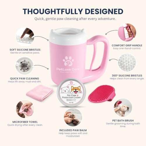 Dog Paw Cleaner, Paw Washer Cup with Soft Silicone Bristles, Portable Dog Foot Washer, 4-in-1 Paw Cleaner Kit with Paw Balm, Microfiber Towel & Grooming Brush (Pink Small)