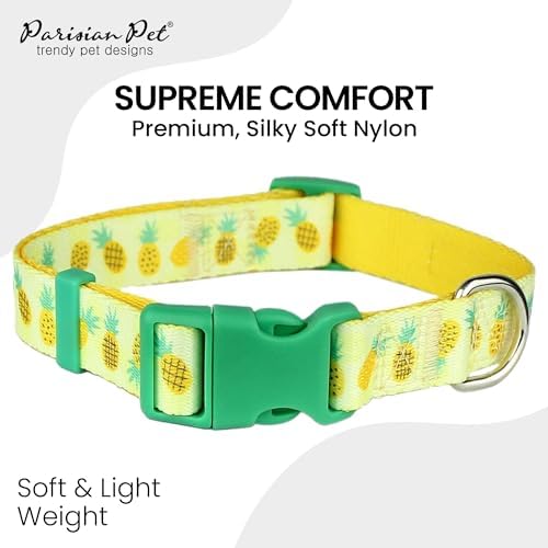 Parisian Pet Pineapple Dog Collar - Adjustable Girl Pet Collar with Secure Buckle and Metal D-Ring - Comfortable Designer Yellow Puppy Collars - Durable Nylon Dog Collars for Medium Dogs