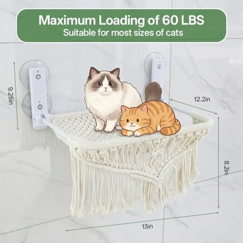 Cat Hammock & Window Perch w/ 4 Suction Cups, Foldable Adjustable Boho Cotton Rope Pet Hammock Bed & Cat Shelves for Indoor Cats/Small Animals - All-Season Sleeping, Lounging, Climbing