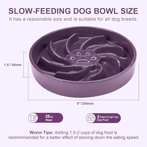 Ceramic Slow Feeder Dog Bowl, 3 Cup Dog Food or 25oz Water, Slow Eating Bowl for Middle Breed, Maze Puzzle Feeder for Fast Eaters, Anti-Choking Stop Bloat, Non-Slip BPA Free (Purple)