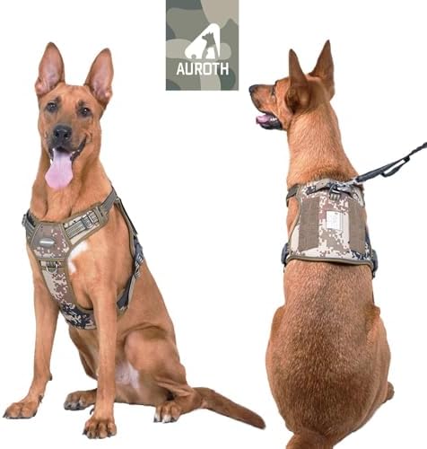 Auroth Tactical Dog Harness for Large Dogs No Pull Adjustable Pet Harness Reflective K9 Working Training Easy Control Pet Vest Military Service Dog Harnesses Desert Camo XL