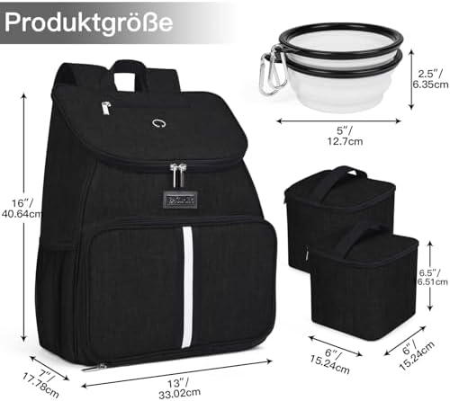 BAGLHER丨Dog Travel Bag, Airline Approved Pet Supplies Backpack, Dog Travel Backpack Accessories Set with 2 Silicone Collapsible Bowls and 2 Food Baskets. Black