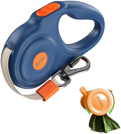 Retractable Dog Leash 16FT for Small & Medium Dogs, Sturdy Heavy-Duty Nylon Tape with Secure Locking Carabiner & Poop Bag Holder, Smooth One-Hand Control, Anti-Slip Handle, Tangle-Free Design (Blue)