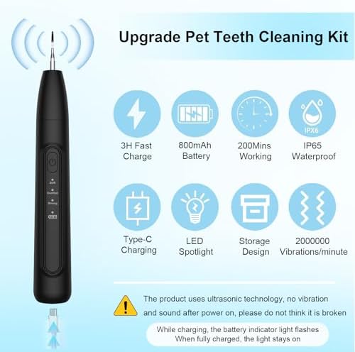 Ultrasonic Dog Plaque Remover Tool, 3 Modes Plaque and Tartar Remover for Dogs, Low Noise Sonic Dog Tartar Remover Dogs Plaque Remover with Toothbrush 2 Cleaning Head for Pet Dental Care