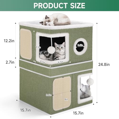 Shikha 2 Story Cat House beds for Indoor Cats with Scratch Pads Green