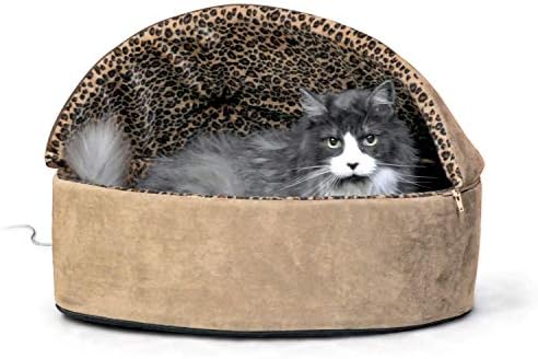 K&H Pet Products Thermo-Kitty Bed Deluxe Heated Cat Bed for Large Kitties - Indoor Heated Pet Bed for Dogs & Cats, Covered Cave Pet Tent, Machine Washable, Safety Listed - Large 20in Tan/Leopard