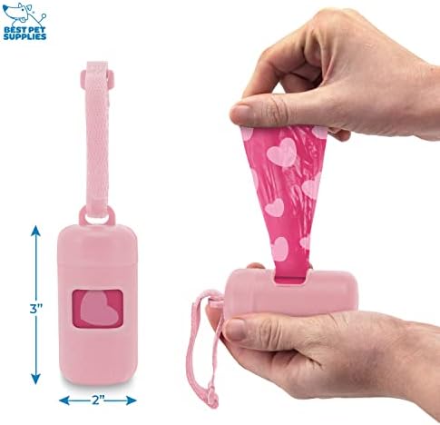 Best Pet Supplies Dog Poop Bag Holder Leash Attachment with Reusable Dispenser for Travel, Walking, Park, and Outdoor Use, Durable with Clip-On - Pink, Pack of 2, Plastic Dispenser w/30 Bags