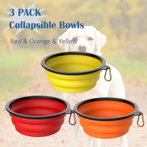 Collapsible Dog Bowls [3 Pack] 20 oz, Travel Dog Bowls, Pet Bowl Portable Foldable Water Food Feeding Dishes with Carabiner Clip for Traveling Hiking Walking-Red & Orange & Yellow