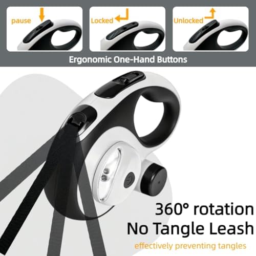 26ft Retractable Dog Leash for Large Dogs with Poop Bag Holder and LED Light,Heavy Duty Retractable Dog Leash with Chew Proof Extender,One-Hand Lock System,Impact-Resistant,Up to 110 lbs(Wihte)