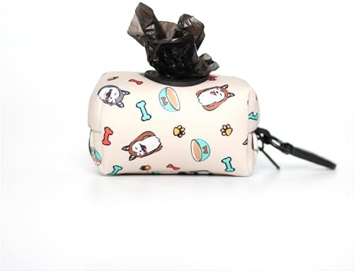 KIKI & RIKI Premium Dog Poop Bag Holder, Waste Bag Dispenser with Leash Clip, Artist-Designed Print (Designed in Georgia), Includes 1 Starter Roll of Bags, Fits Standard Rolls, Beige (Funny Pups)