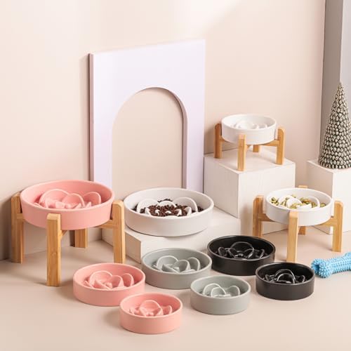 Pink Ceramic Slow Feeder Dog Bowl for Small and Medium Breeds,6.1 in Slow Feeding Bowl,Puzzle Cat Dog Food Bowl for Fast Eater,Maze Dish Puzzle Bowl for Small Dogs and Cats