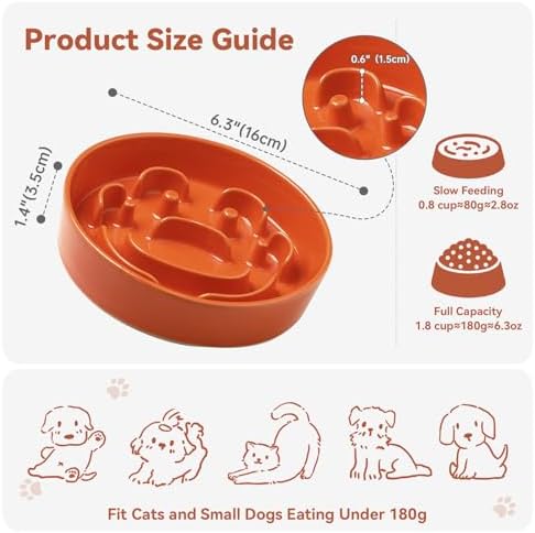 Ceramic Slow Feeder Dog Bowl, 0.8 Cups Anti -Slip Slow Feeding Bowl to Slow Down Eating, 6.3 Inch Dog Food Dish for Small Breeds, Orange