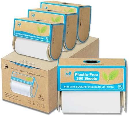 Blue Lake ECOLIFE Plastic-Free Lint Roller – 4-Pack (360 Sheets) | Extra Sticky & Eco-Lint Remover| Ideal for Clothes, Furniture & Carpet(4 Pack-360 Sheets)