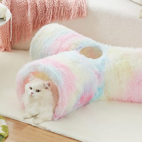 Tempcore Plush Pet Cat Tunnel Tube Cat Toys 3 Way Collapsible, Tunnels for Indoor Cats，Kitty Tunnel Bored Pet Toys Peek Hole Ball Puppy, Kitty, Kitten, Rabbit Rainbow