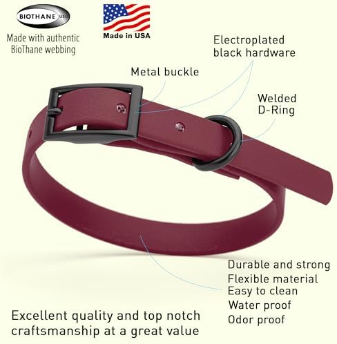 Dogline Biothane Waterproof Dog Collar Strong Coated Nylon Webbing with Black Hardware Odor- Proof for Easy Care Easy to Clean High Performance Fits Small Medium or Large Dogs, Merlot Burgundy