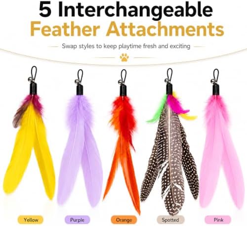Cat Wand Toy with 5 Feather Attachments – Interactive Cat Teaser Wand & Cat Fishing Pole Toy for Indoor Cats, Feather Cat Toy for Exercise, Chase & Play, Fun Kitten Toys for Bored Cats