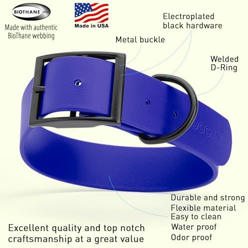 Dogline Biothane Waterproof Dog Collar Strong Coated Nylon Webbing with Black Hardware Odor- Proof for Easy Care Easy to Clean High Performance Fits Small Medium or Large Dogs, Blueberry Royal