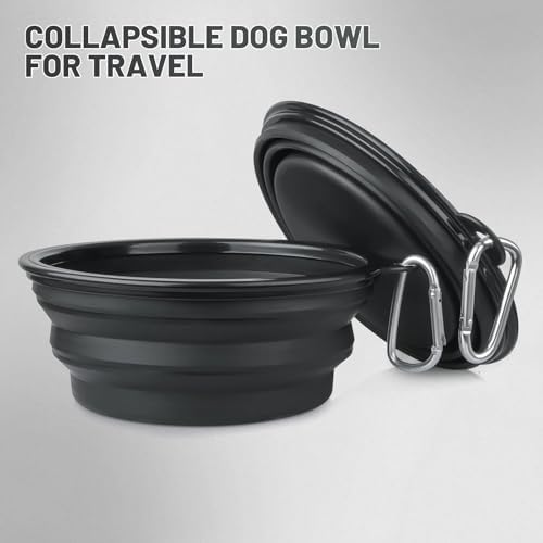 Large Dog Bowl Pet Collapsible Bowls, 2 Pack Collapsible Dog Water Bowls for Cats Dogs, Portable Pet Feeding Watering Dish for Walking Parking Traveling with 2 Carabiners (Large, Black+Black)