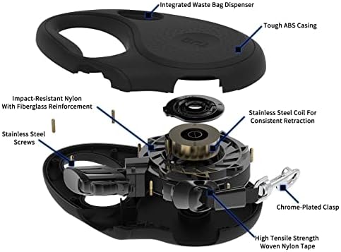 TUG Oval 360° Tangle-Free Retractable Dog Leash with Integrated Waste Bag Dispenser (Small, Black)