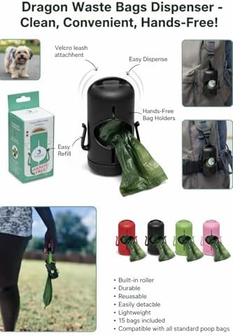 DRAGON Waste Bags Durable Dispenser, Dog poop bags holder with Two Hooks on the side for Used Poop Bags, leash attachment strap and 15 Poop Bags (Black)
