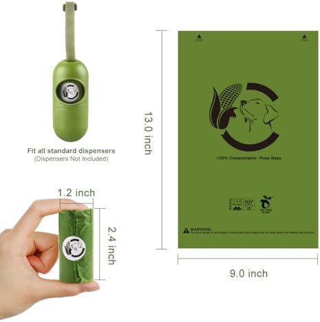 Certified Home Compostable Dog Poop Bags, 120 Plant Based Bags (8 Rolls)
