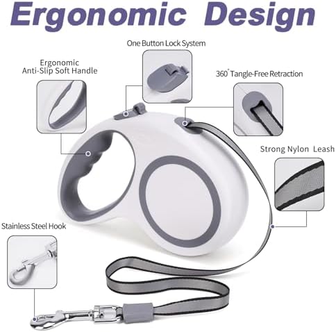 Retractable Dog Leash, 16 FT Retractable Leash for Dogs 0-55 lbs, Strong Nylon Tape No Tangle, One-Handed Brake, Pause, Lock, Perfect for Medium Large Dogs, White