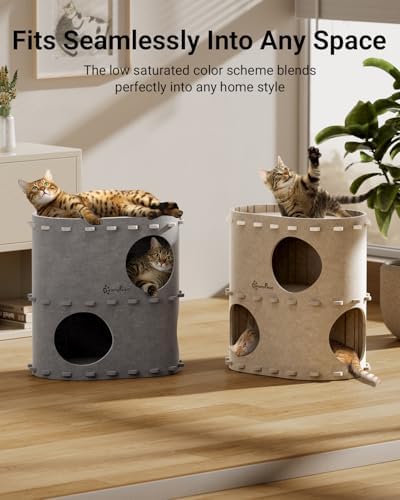 DownyPaws Cat House for Indoor Cats, 2-Storey Cat Bed Cave, Light Gray
