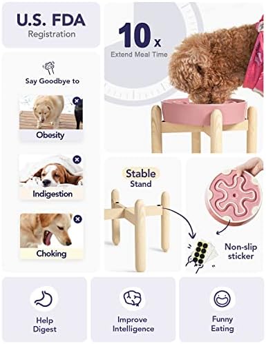 LE TAUCI Ceramic Slow Feed Dog Bowls, Elevated for Small and Medium Breed Dogs, Anti-Gulping Pet Feeding Dishes, Flower Pink, 1.5 Cups