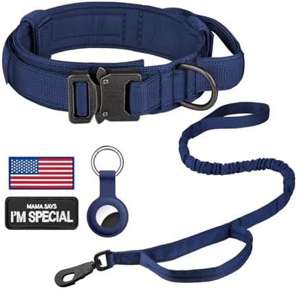DAGANXI Tactical Dog Collar, Adjustable Military Training Nylon Dog Collar with Control Handle and Heavy Metal Buckle for Medium and Large Dogs, with Patches and Airtags Case (Midnight Blue-Set, L)