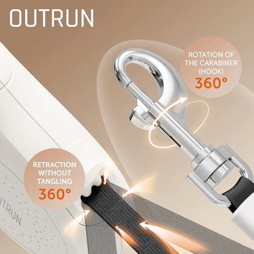 OUTRUN Retractable Dog Leash 16.5 FT Walking Leash up to 55 Lbs, Strong Nylon Tape No Tangle, Heavy Duty One-Handed Brake Lock Perfect for Small & Medium Sized Dogs and Pets (Cream White)