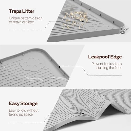 Kalolary Cat Litter Mats, 50" x 35" Extra Large Silicone Cat Mat for Litter Box, Easy to Clean Kitty Litter Trapping Mat, Soft on Kittys Paws, Waterproof, Urine-Proof Kitty Litter Mats for Floor, Grey