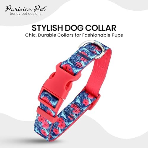 Parisian Pet Floral Dog Collar - Adjustable Hibiscus Pink Pet Collar with Secure Buckle and Metal D-Ring - Comfortable Designer Puppy Collars - Durable Tropical Nylon Dog Collars for Small Dogs