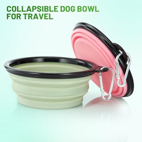 Dog Bowl Pet Collapsible Bowls, 2 Pack Collapsible Dog Water Bowls for Cats Dogs, Portable Pet Feeding Watering Dish for Walking Parking Traveling with 2 Carabiners (Small, Fairy Pink+Sprout Green)