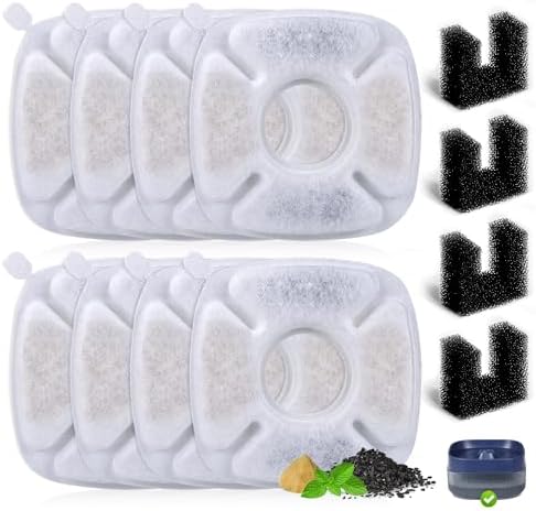 8 Pack Replacement Filters for 135oz/4L Dog Water Bowl Dispenser, BFLICROY Dog Water Filter Pet Water Fountain Replacement Filters, Cat Fountain Filter and 4Pack Pre-Filter Sponges