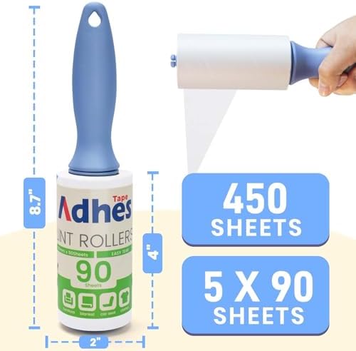ADHES Lint Roller for Pet Hair – 5 Rolls + 2 Handles, 4 Inch x 90 Sheets