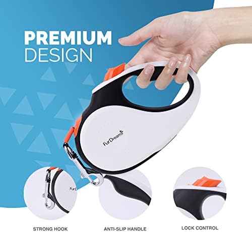FurDreams Dog Lead - Retractable, Anti-Tangle Nylon Tape Leash Lock Button, Comfortable Handle, Multiple Sizes & Colours - 5m Extendable for Dogs Under Your Control! Heavy Duty Small Up to 15kg