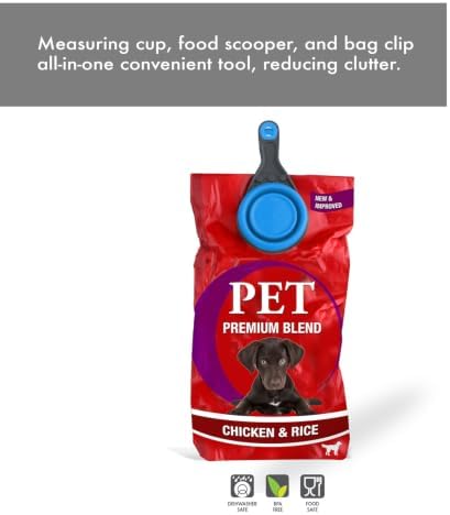 Dexas Popware for Pets Collapsible Klip Scoop, 3-in-1 Pet Food Scoop, Measuring Cup and Bag Clip, 1 Cup Capacity, Pro Blue (Pack of 6)