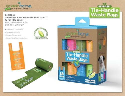 Greenbone BioBase Cat or Dog Poop Bags with Handles Tie, 18 Dispenser Rolls - 216 Bags- Large Leak Proof- Pink, Green, Orange, Blue Variety