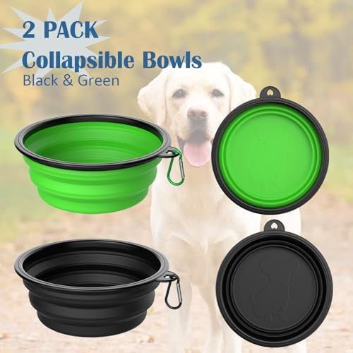 Collapsible Dog Bowls [2 Pack] 34 oz, Travel Dog Bowls, Pet Bowl Portable Foldable Water Food Feeding Dishes with Carabiner Clip for Traveling Hiking Walking-Black & Green