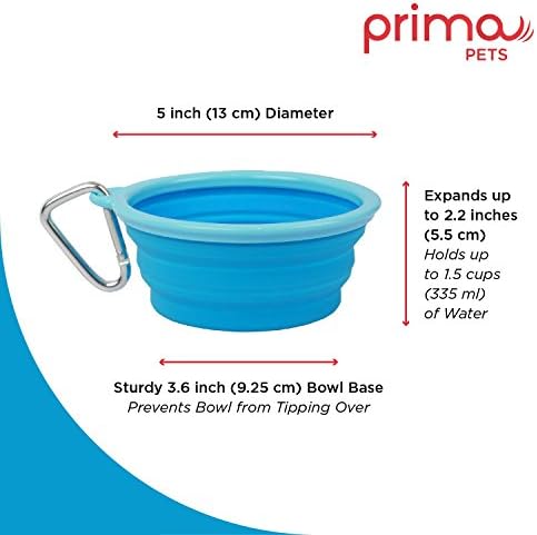 Prima Pet Expandable/ Collapsible Silicone Food & Water Travel Bowl with Clip for Small & Medium Dog and Cat, Size: 1.5 Cups (5.1 Inch Diameter Bowl) (AQUA)