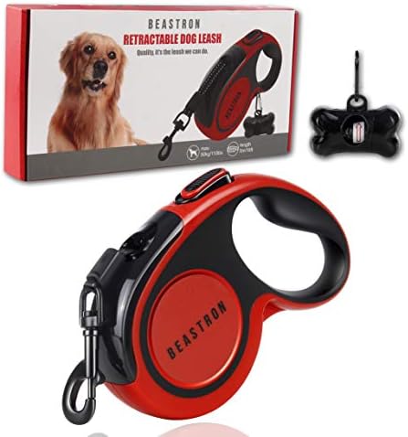 Upgraded Retractable Dog Leash, 16" Extra Long Tangle-Free Reflective Nylon, Small to Medium Dogs up to 110lbs, Waste Bags and Dispenser Included (Red)