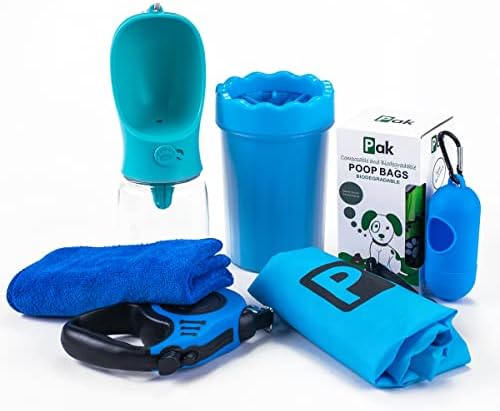 Pak Pooch Pack - Retractable Leash, Water Bottle, Paw Cleaner, Poop Bags - Small Dog Leash, Portable Dog Water Bottle