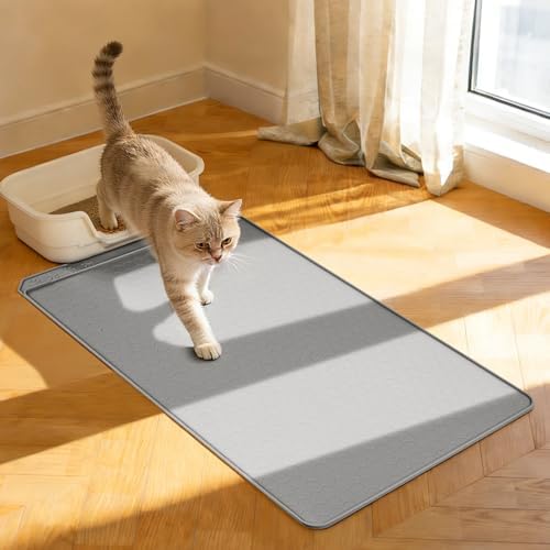 Extra Large Cat Litter Box Mat 34" x 22" – Waterproof Silicone Litter Trapper, Non-Slip, Easy to Clean Floor Protector, Soft on Kitty Paws(Light Grey)