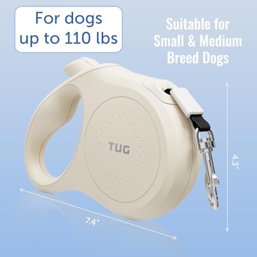 TUG Quest Retractable Dog Leash | 360° Tangle-Free | 26 ft Tape (XL, Cream)