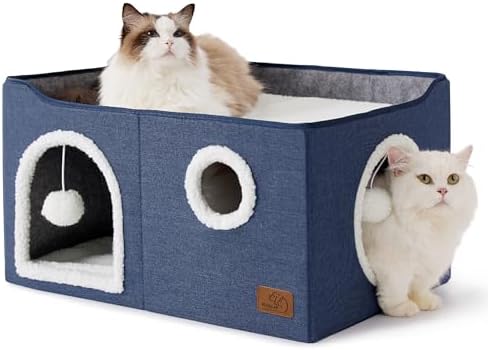 Bedsure Extra Wide Cat House Bed with Fluffy Ball and Scratch Pad,Blue