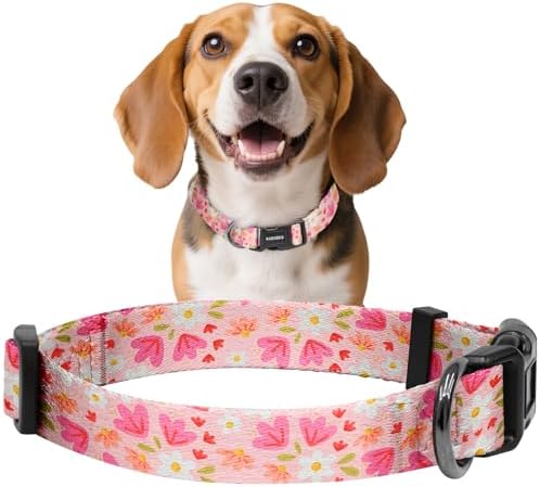 Kazazoo Dog Collar Cute and Soft Nylon Puppy Collar Girl Dogs, Adjustable Dog Collars for Medium Dogs, Pink Flowers-M