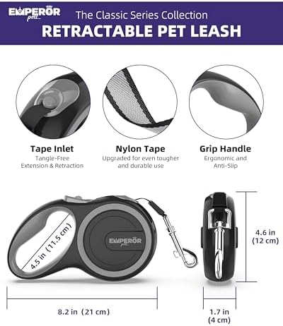 Emperor Pets Retractable Dog Leash, 26 ft, Up to 110lbs, Gray -GY26