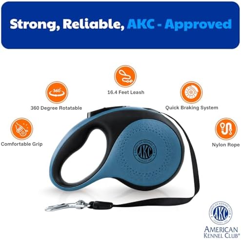 American Kennel Club Retractable Dog Leash, 16.4ft, Tangle-Free, Ergonomic Grip, One-Hand Brake, for Medium & Large Dogs up to 66 lbs, White